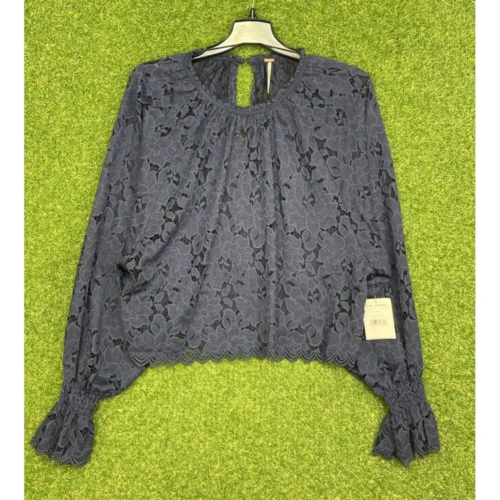 Free People Olivia Lace Shirt Womens XS Extra Small Dolman Blouse Navy Blue NWT